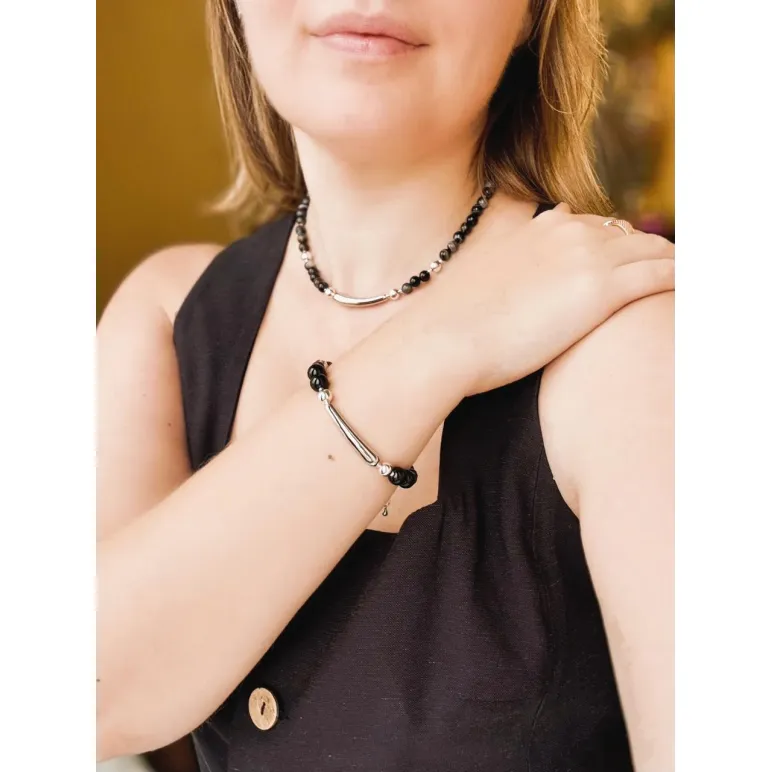 Комплект украшений Чокер из натурального агата и гематита с металлической вставкой и браслет