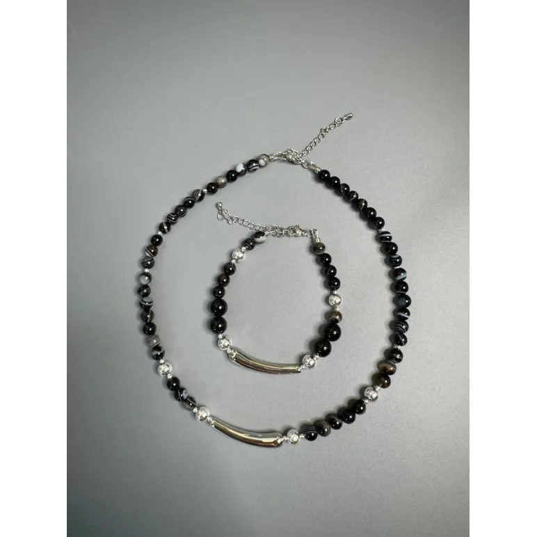 Комплект украшений Чокер из натурального агата и гематита с металлической вставкой и браслет