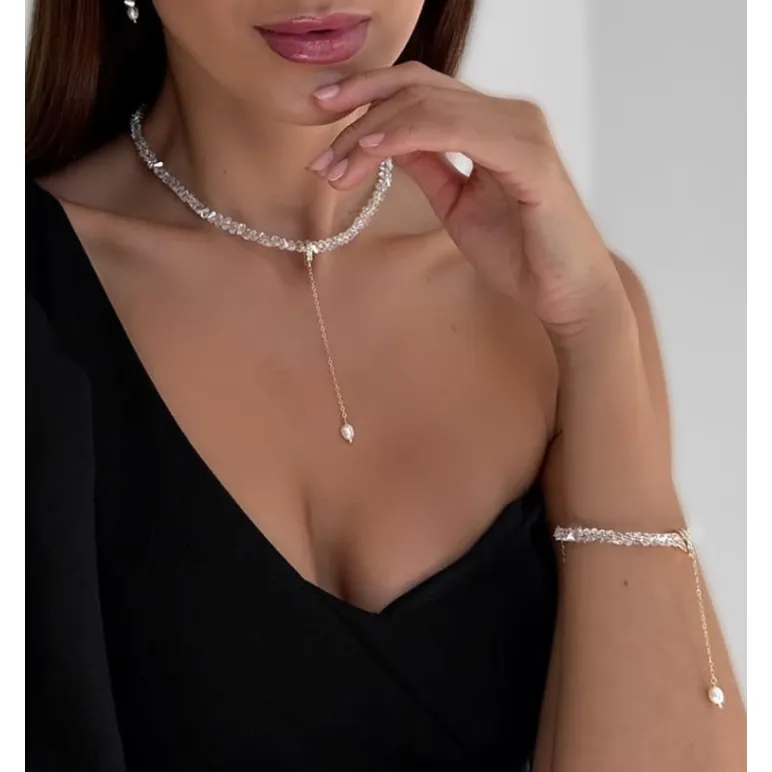 Комплект украшений из ювелирного стекла с отливом и натуральным жемчугом