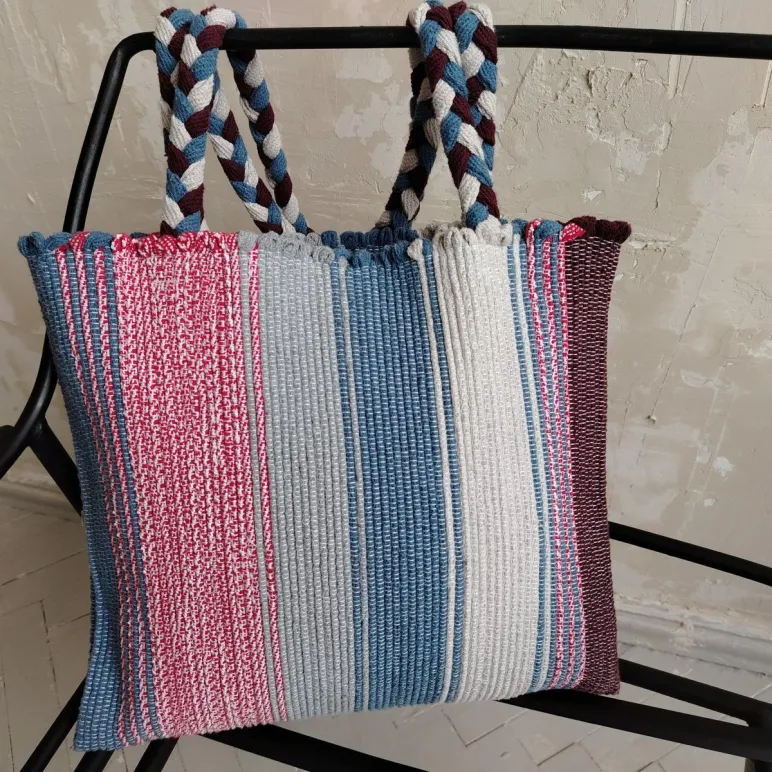 Сумка шопер из хлопковвых шнурков. Ручное ткачество.