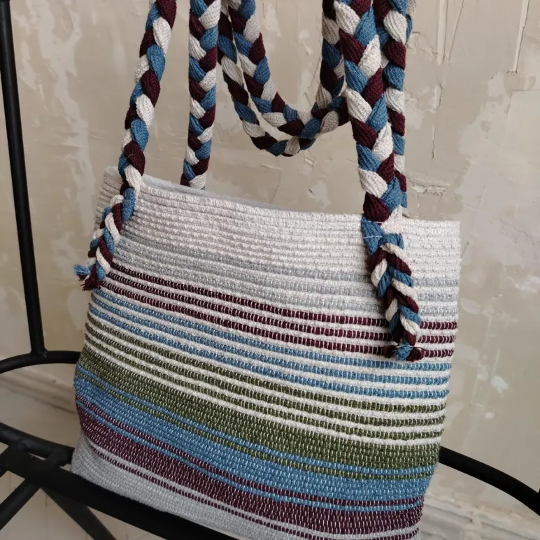 Сумка шопер тканая из хлопковых шнурков. Ручная работа.