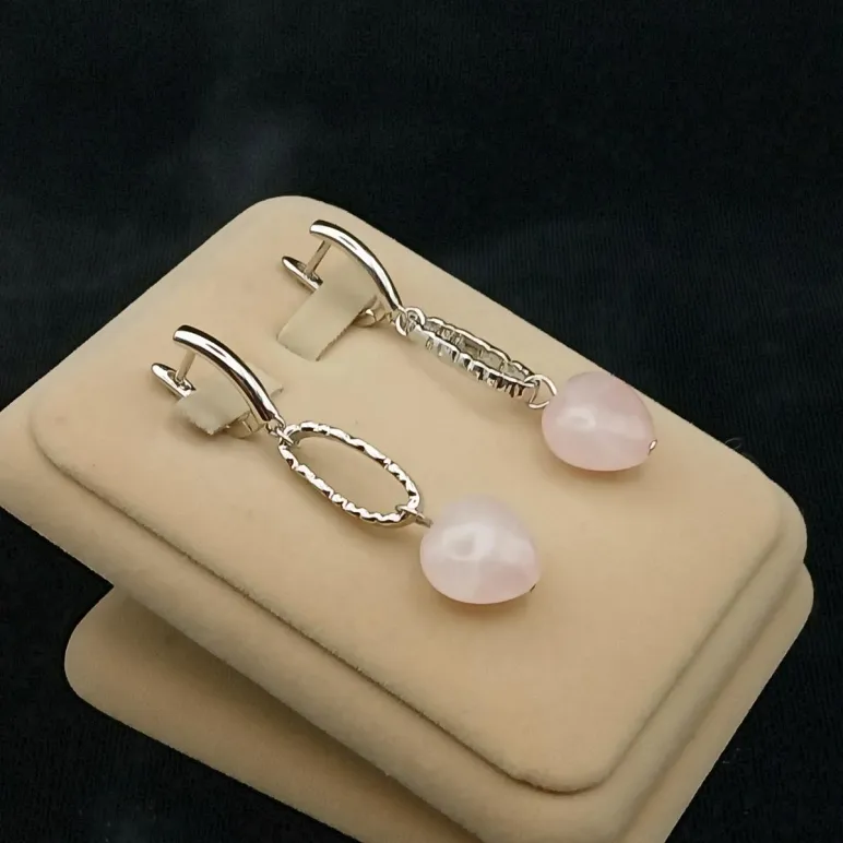 Серьги розовый кварц сердце на звеньях