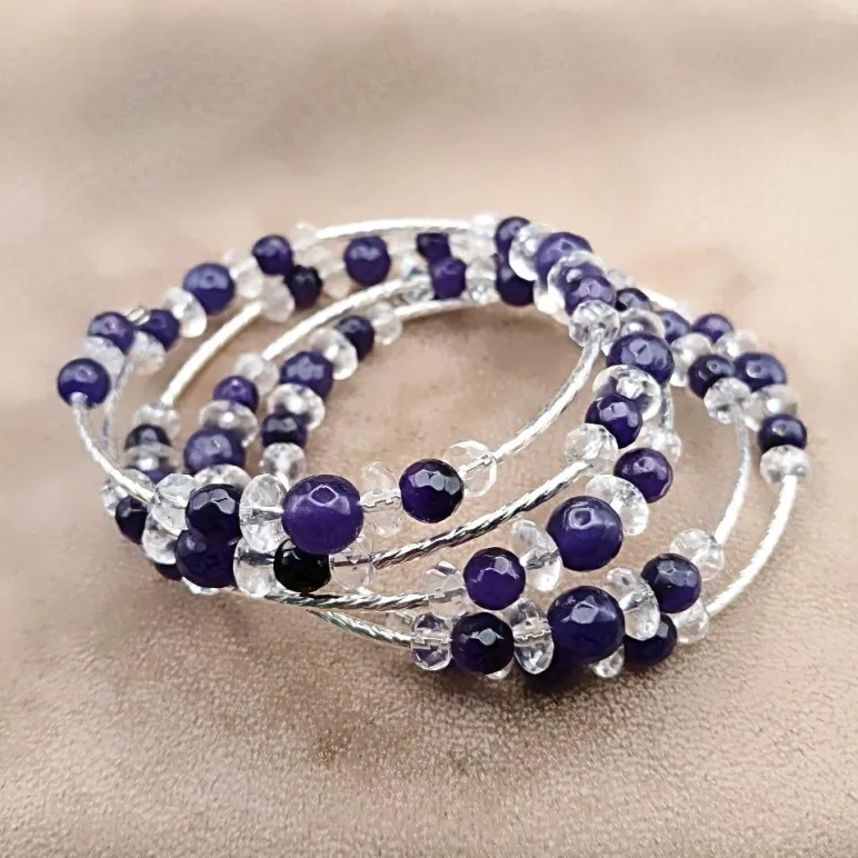 Браслет многорядный аметист, горный хрустать
