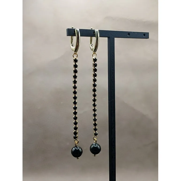 Серьги гагат на стразовой цепочке