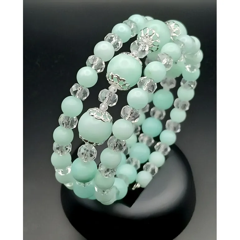 Браслет многорядный амазонит и горный хрусталь
