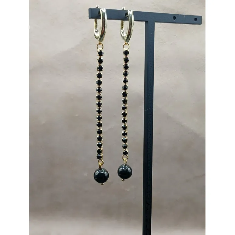 Серьги гагат на стразовой цепочке