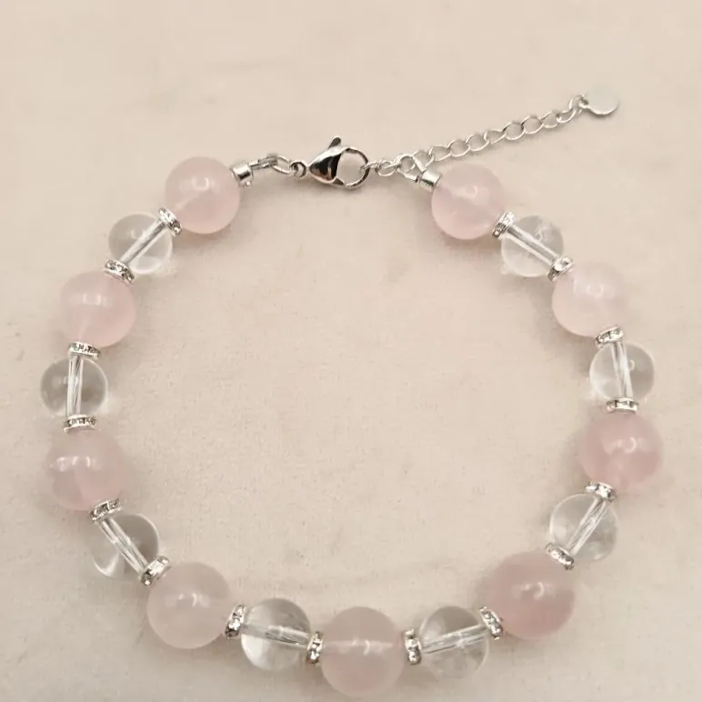 Браслет с розовым кварцем и горным хрусталем