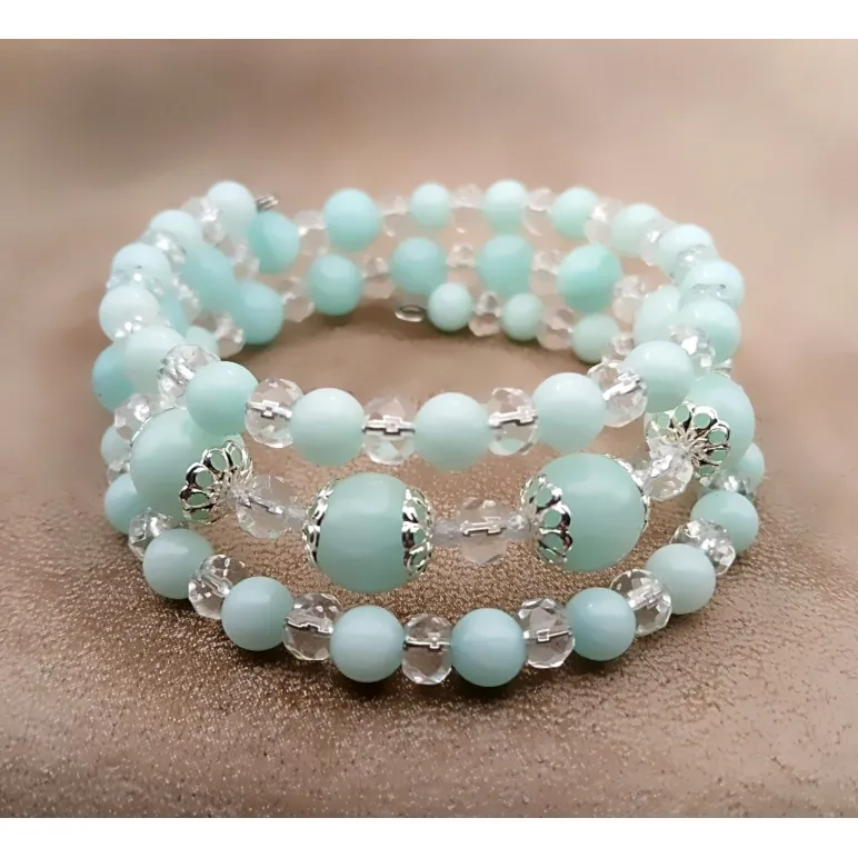 Браслет многорядный амазонит и горный хрусталь