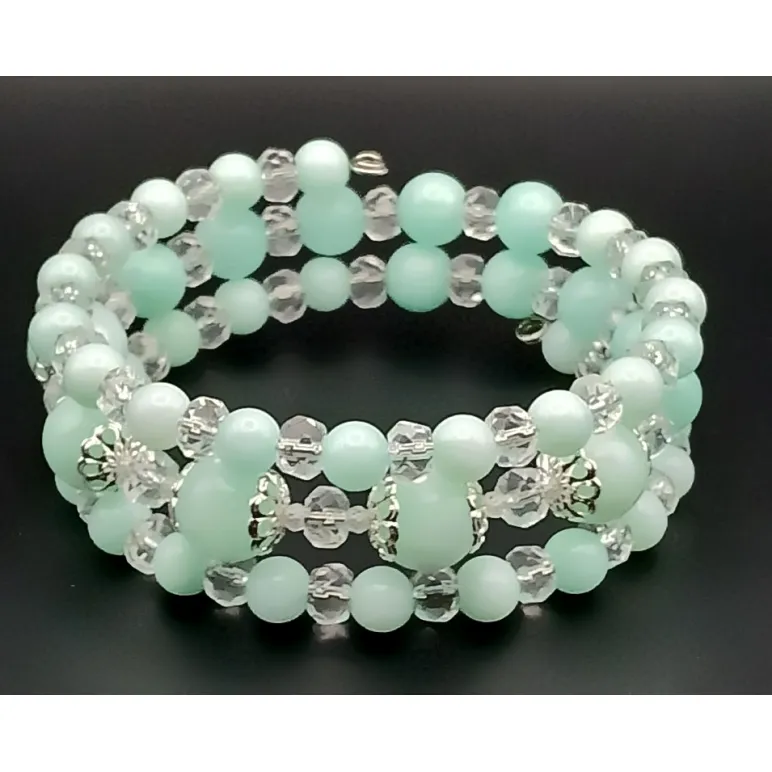 Браслет многорядный амазонит и горный хрусталь