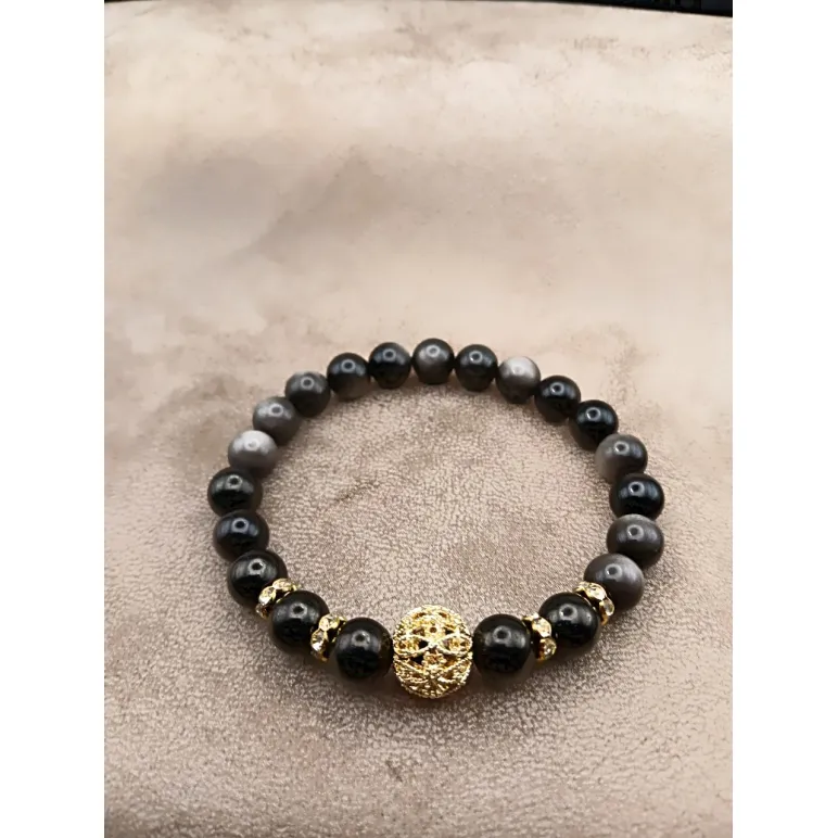 Браслет с обсидианом и гагатом