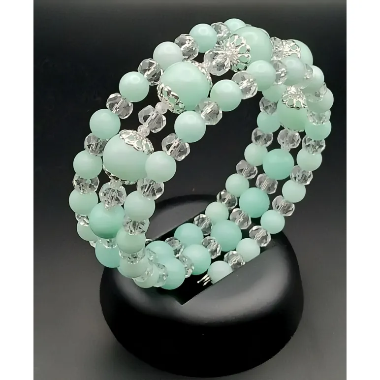 Браслет многорядный амазонит и горный хрусталь