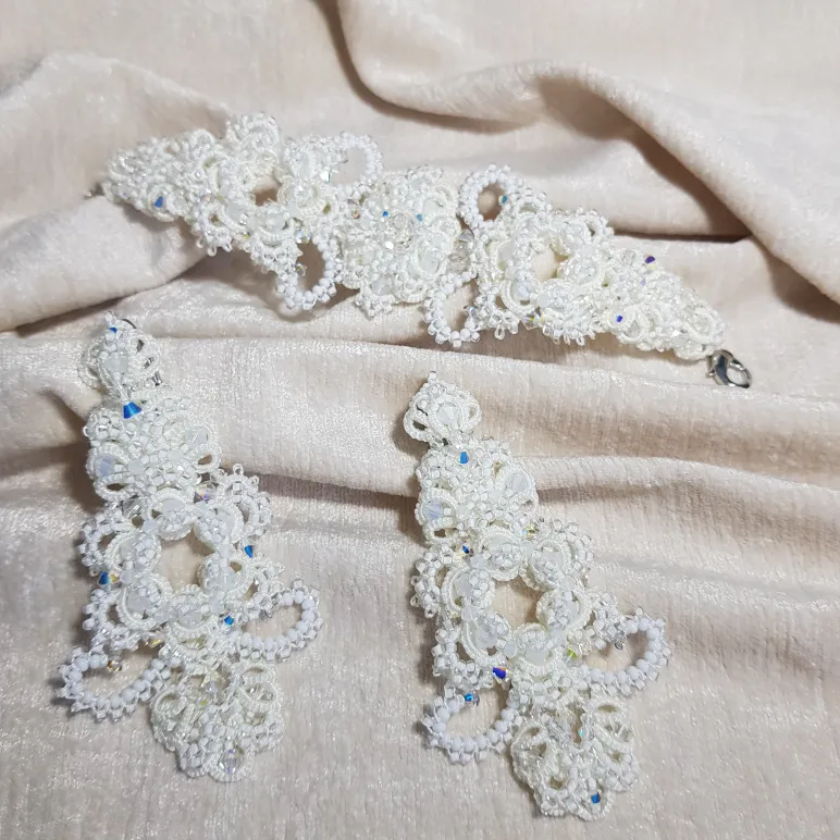 Браслет и серьги "Хрустальный звон" фриволите